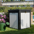 51-Gallon Outdoor Deck Box,Storage Lockable Waterproof Patio Furniture,Garden Tools,Cushions,Pool Accessories Outside Storage Resin Box(Black and White)