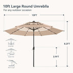 PHI VILLA 10ft Patio Umbrella with Solar Lights, Outdoor 3 Tier Vented Large Market Table Umbrella with 8 Sturdy Ribs and 1.5" Umbrellla Pole for Lawn Poolside Garden Terrace, Beige & Tan