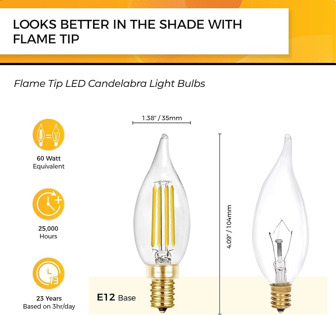 Hizashi E12 Candelabra Bulb 60 watt, E12 LED Bulb Dimmable, 5000K Daylight White, 90+ CRI 6W 550LM, CA11 Flame Tip LED Chandelier Light Bulbs Candelabra Base, UL Listed - 24 Pack