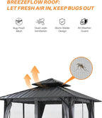 12' x 12' Hardtop Gazebo, Aluminum Frame Patio Hardtop Gazebos with Netting and Curtain, Outdoor Patio Pergola, Outdoor Patio Gazebo with Double Metal Roofs for Lawns, Garden, Deck, Slate Gray