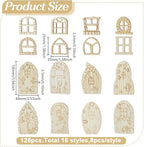 128 Pcs Fairy Doors, 16 Styles Wooden Miniature Garden Door Unfinished DIY Blank Windows for Miniature Fairy Room Decorations