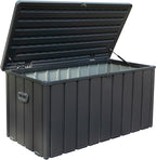 LANTRO JS Deck Box 100 Gallon, Patio Storage Cabinet, Waterproof Outdoor Storage, Resin Lid Metal Patio Storage Bin with Lockable, Dark Gray