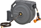 Giraffe Tools Retractable Hose Reel 1/2 in x130 FT PRO Metal Bracket Wall Mounted Heavy Duty Hose Reel with 9 Pattern Nozzle 180 Deg Swivel, Metal Bracket Any Length Lock (1/2 130FT PRO, Dark Grey)