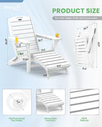 Folding Adirondack Chairs Set of 2,Adirondack Chair with Retractable Ottoman,Plastic Adirondack Chairs with 2 Cup Holder,Weather Resistant Patio Chair,Outdoor Chairs Set of 2(White)