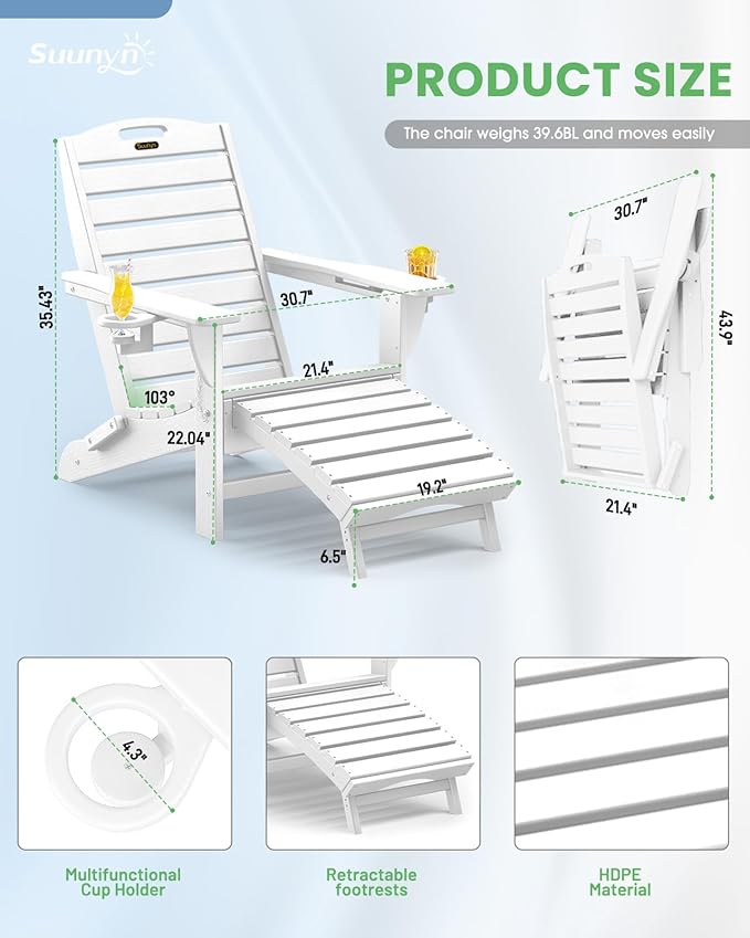 Folding Adirondack Chair with Retractable Ottoman Weather Resistant Fire Pit Chair Patio Chair with 2 Cup Holder Lawn Outdoor Lounge Chairs (White)