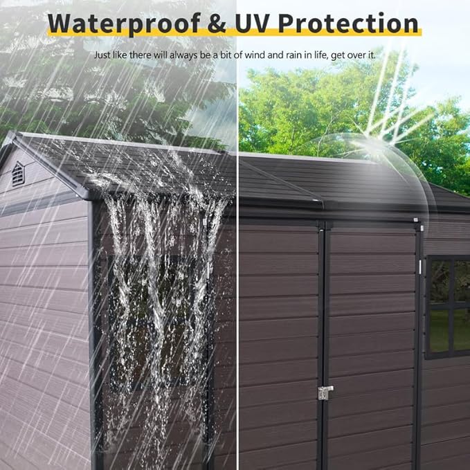 8x6 FT Resin Outdoor Storage Shed with Floor and 2 Windows, Outside Plastic Sheds Storage Clearance w/Lockable Door, Backyard Garden Tool House for Patio, Yard, Lawn, Bike, Brown