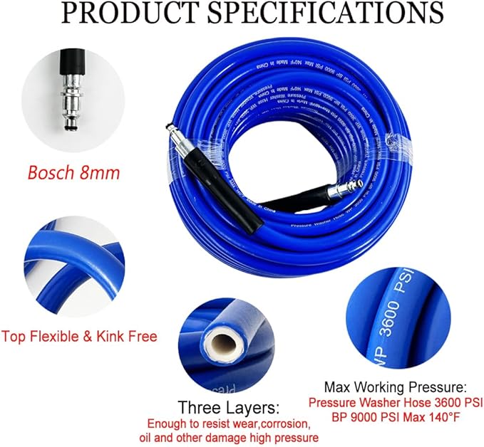 5800PSI/400Bar Ultra Flexible Pressure Washer Hose for Bosch Home Cleaning, 5M-30M High Pressure Extension Tube with Quick-Connect Adapter,(Red/Blue/Yellow/Green/Grey/Orange/Light Blue)(Blue,16FT)
