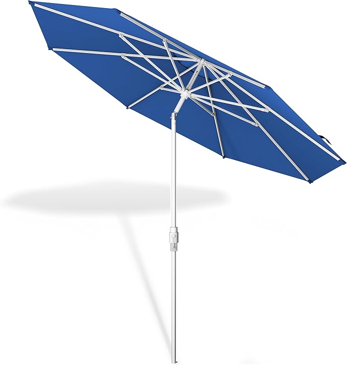 Midtown Umbrellas The Swilt 9 Feet Patio Umbrella in Sunbrella Dark Blue Acrylic Fabric - Fiberglass Ribs, Auto-Tilt Aluminum Frame For Backyard, Deck, Garden, Pool - White Pole