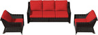 Vista Vibe 3 Pieces Outdoor Patio Conversation Furniture Set - 78" 3-seat Sofa | 2 Wicker Chairs, Deep Seat Loveseat, Removable Cushions, Hand-Woven PE Rattan Couch, Balcony (Brown/Red)