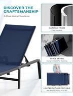 Patio Chaise Lounge Chair, Foldable Lounge Chair for Outside, Aluminum Chairs Set of 2 with 5 Adjustable Backrest, Outdoor Pool Lounger for Poolside, Lawn, Deck, Navy Blue