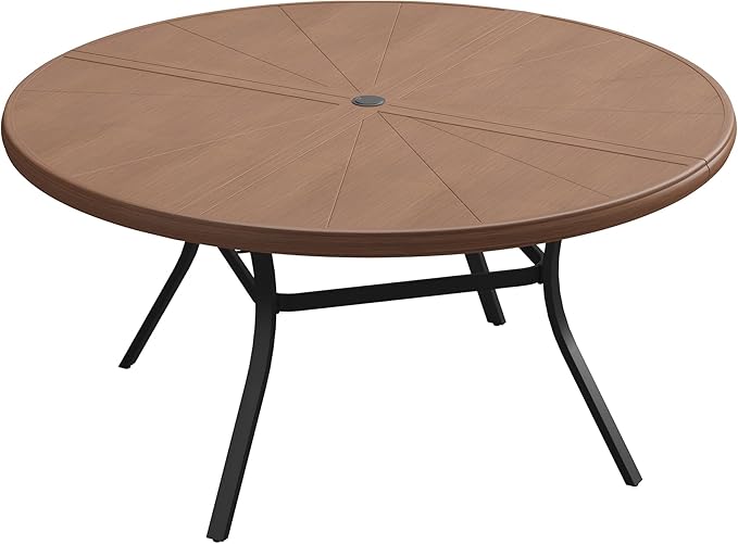 VICLLAX Outdoor Patio Round Dining Table, 53"x 53" Aluminum Tabletop for Deck Lawn Garden Backyard, Walnut