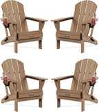 MUCHENGHY Folding Adirondack Chairs 4 Pack, Patio Chairs, Lawn Chairs, Outdoor Chairs, Adirondack Chair Plastic, Fire Pit Chairs, Weather Resistant with Cup Holder for Deck, Backyard, Garden(Teak)