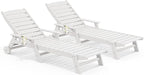 SERWALL Patio Chaise Lounge Chair Set of 2, 78'' Long 5-Positions Adjustable HDPE Outdoor Lounge Chair for Pool, Poly Lounge Chair with Rolling Wheels & Cup Holder for Poolside, Deck, White