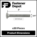 3/4"-10 x 3 (20 Pack) Hot Dipped Galvanized Carriage Bolt Grade 307A for Exterior Use by Fastener Depot