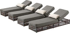 Luxury Outdoor Chaise Lounges with 5 Inch Thickened Cushions - Set of 4 High Back Brown Wicker Patio Recliners Rattan Reclining Chairs Porch Poolside Pool Sunbathing Lounger- Grey