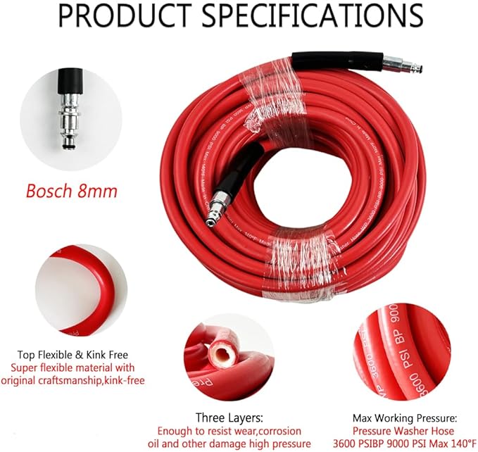 5800PSI/400Bar Ultra Flexible Pressure Washer Hose for Bosch Home Cleaning, 5M-30M High Pressure Extension Tube with Quick-Connect Adapter,(Red/Blue/Yellow/Green/Grey/Orange/Light Blue)(Red,64FT)