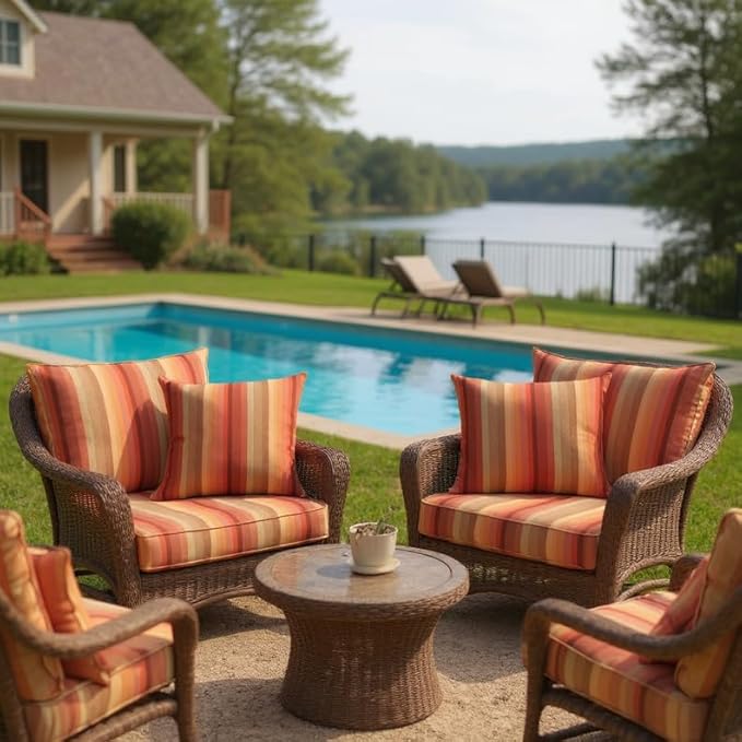 RSH DECOR: Sunbrella Lumbar & Square Pillows Set of 4 | 20" x 12" & 17" x 17" | Water and Fade-Resistant Performance Fabric | Outdoor Throw Pillows for Patio Furniture | Astoria Sunset