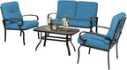 5Pcs Outdoor Furniture Patio Conversation Sets Loveseat, 2 Motion Spring Chairs with Coffee Table, Metal Frame Chair Set (Peacock Blue)