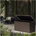 Stylish Indoor/Outdoor Storage Deck Box,Resin,Large Capacity, Weather-Resistant, Lockable lid and Side handles. (Brown, 170 Gallon)