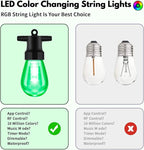 Outdoor String Lights Color Changing - 48FT Sync with Music Led Patio Lights Outdoor Waterproof with App and Remote Hanging 15 RGB Bulb Create Ambience for Garden, Cafe, Backyard, Christmas, Party