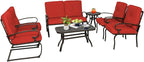 7-Piece Outdoor Metal Furniture Sets Patio Conversation Set, Wrought Iron Loveseat, 2 Dining Chairs, 2 Spring Chairs and Coffee Table, Red