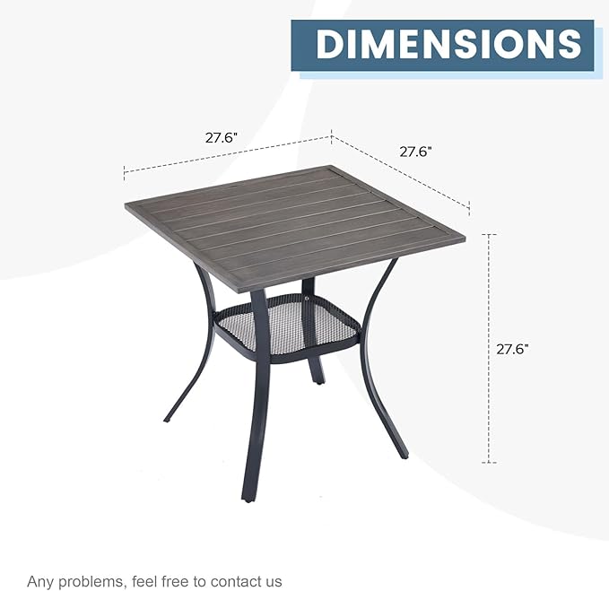 DIFY 27.6" Square Patio Dining Table, Grey Wood-Like Small Outdoor Bistro Table with Rust Resistant Metal Frame, Ideal for Lawn, Backyard and Deck