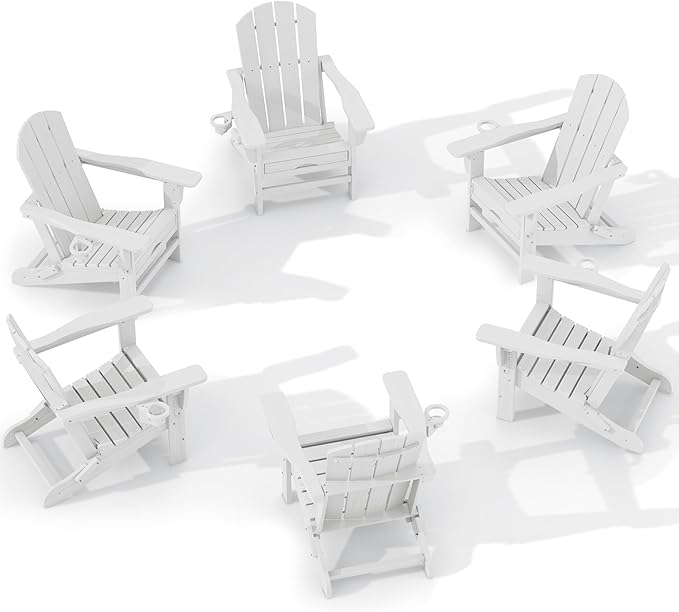 KINGYES Folding Adjustable Adirondack Chair with Retractable Ottoman Set of 6, HDPE All Weather Chair with Cup Holder - Versatile Adirondack Chair, White