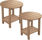 MXIMU Round Outdoor Side Table Adirondack Tables 18 Inch Chairside End Tables with Storage Shelf, 2-Tier Plastic Patio Side Table, Weather Resistant for Balcony Backyard Lawn (Teak, 2 Pack)