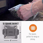 Yukon Glory 3-Piece Mini Grill Basket Set, Perforated Stainless Steel Vegetable BBQ Baskets With Grill Pan Topper, Square & Round, Dishwasher Safe
