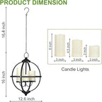 Battery Operated Outdoor Candle Chandelier - Black Metal Globe Hanging Pendant Light with 3 Flameless Candles, 12.6" Waterproof Lights for Gazebo, Pergola, Garden, Porch & Backyard