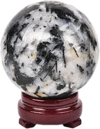 JIC Gem Natural Black and White Tourmaline Crystal Sphere with Wooden Stand Black Quartz Crystal Ball Healing Ornament Specimen Altar Reiki Crystal 60-70mm