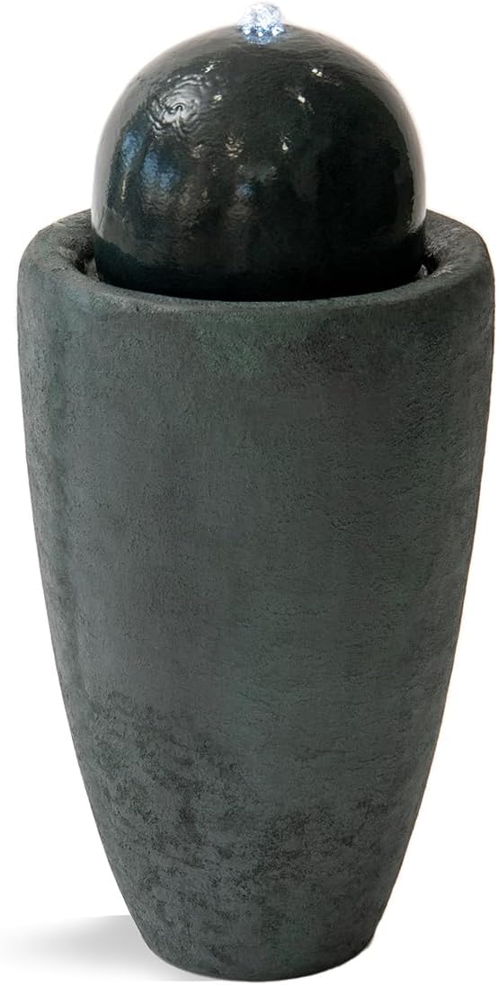 XBrand 25.98" H Dark Green Round Stone Indoor/Outdoor Modern Sphere Water Fountain w/LED Lights – Ball Bubbling Fountain Décor for Garden, Patio, or Tabletop
