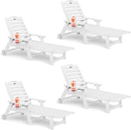 Lounge Chair Outdoor Set of 4 with Wheels, Adjustable 6-Position Chaise Lounge Outdoor, Patio Lounge Chair for Poolside Backyard, White