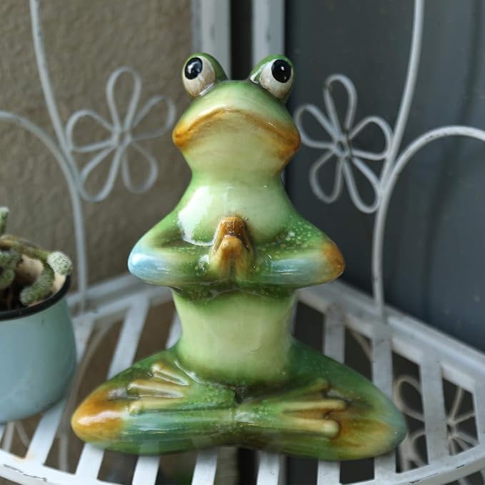 Topadorn Ceramic Yoga Frog Statue, Frog Sitting Sculptures for Office, Garden Decorative Ornaments