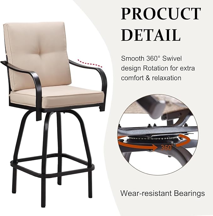 Patio Swivel Bar Stools, Outdoor High Back Swivel Bar Chair Set of 4 with Cushion & All Weather Steel Frame for Backyard, Lawn, Poolside and Balcony, Beige