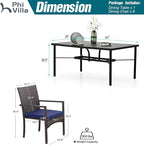 PHI VILLA 7 Piece Outdoor Dining Set for 6, 64" Wrought Iron Dining Table with Umbrella Hole & Cushioned Rattan Chairs for Patio, Yard, Porch, Deck