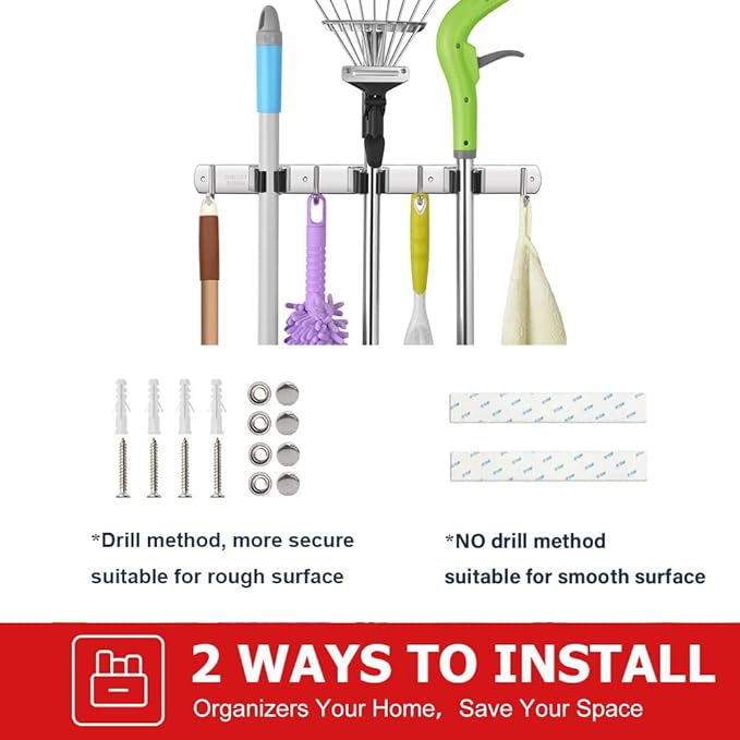 IMILLET Broom Holder Wall Mounted, Stainless Steel Broom and Mop Holder Self Adhesive Broom Organizer Heavy Duty Hooks Storage Organizer for Home Laundry Room Garden Garage Closet Kitchen (1 Pack)