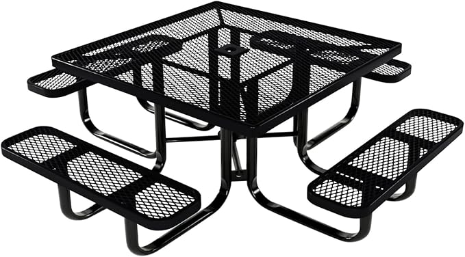 COATEDOUTDOORFURNITURE Heavy-Duty Portable Outdoor Kids Table with Umbrella Hole, Expanded Metal Kids Picnic Table, Commercial-Grade, Made in America (46 in, Square, Childrens, Black)