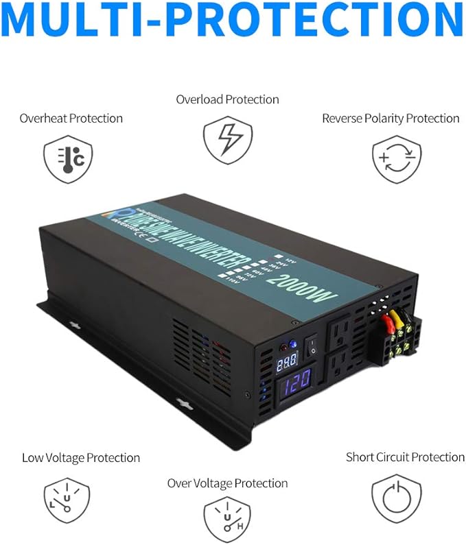WZRELB 2000W 36V 120V Pure Sine Wave Power Inverter with 2 AC Outlets,Car Inverter,Remote Control