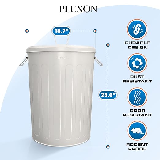 Plexon Large Metal Trash Can with Lid 20 Gallon, Decorative Outdoor Trash Can, Heavy Duty Galvanized Metal Bucket with Lid for Kitchen Garage Farmhouse, Beige