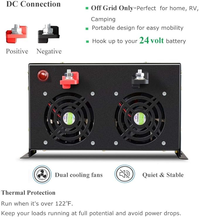 WZRELB 6000W 24V 120V Pure Sine Wave Power Inverter 4 AC Outlets Wired Remote Control,RV, Camping