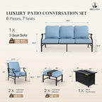 HERA'S HOUSE 6 Pieces Patio Furniture Set with Fire Pit Table, 2 x Single Chair, 2 x Ottoman, 3-Seat Sofa with 45" Fire Pit Table, Outdoor Conversation Set for Garden, Poolside, Backyard, Blue