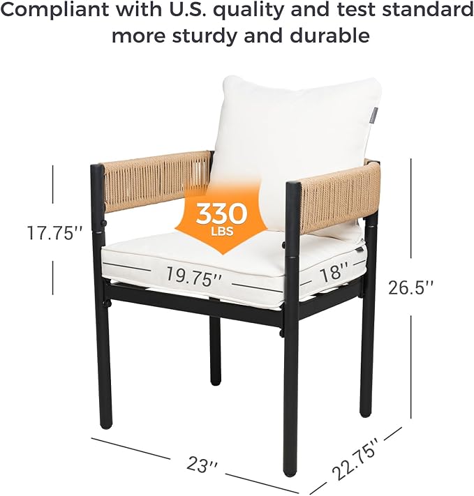 Grand patio Outdoor Dining Chair Set of 2, 2 Pieces Patio Dining Chairs, Metal Woven Wicker Fixed Patio Chairs with Light Beige Cushions for Backyard, Deck, Garden, Porch, Lawn and Poolside (Natural)