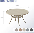 VICLLAX Outdoor Patio Round Dining Table, 47"x 47" Metal Slatted Round Tabletop with Adjustable Umbrella Hole for Deck Lawn Garden Backyard, Sandshell