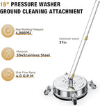 16" Pressure Washer Surface Cleaner with 4 Wheels, Stainless Steel Housing, 4000 PSI Max, 3 Connect Nozzles & 2 Extension Wands, Pressure Washer Surface Cleaner for Concrete, Patios, Sidewalks