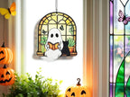 Ghost Black Cat Suncatcher, Ghost Reading Book Halloween Decor