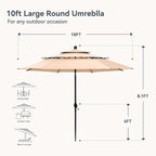 PHI VILLA 10ft Patio Umbrellas, Outdoor 3 Tier Vented Large Market Table Umbrella with 8 Sturdy Ribs and 1.5" Umbrellla Pole for Lawn Poolside Garden Terrace, Beige(No Base)