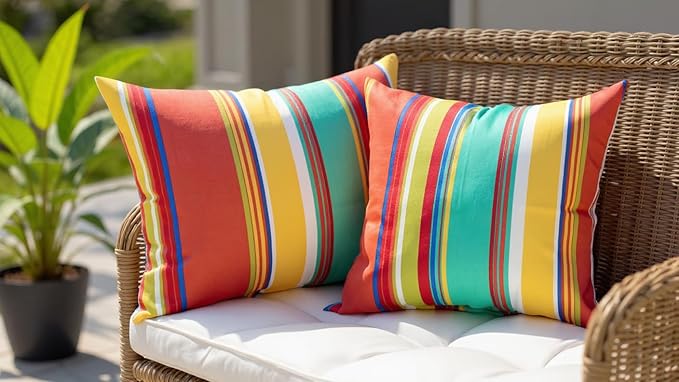 RSH Décor Set of 4 Lumbar Throw Pillows – 26” x 16” Indoor/Outdoor Decorative Cushions, Reversible, All-Weather Polyester Fabric, UV & Fade Resistant Accent Pillows (Bright Colorful Stripe)