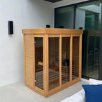Outdoor Corner Steam Sauna, Canadian Hemlock Saunas 3-4 Person, 6KW ETL Toule Heater, 220V,Broad Bench, Glass Wall Sauna, Waterproof System, Asphalt Shingles,Left Door(0-195℉)