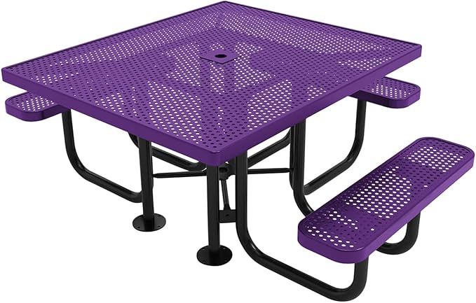 COATEDOUTDOORFURNITURE Heavy-Duty Portable ADA-Compliant Outdoor Picnic Table with Umbrella Hole, Punched Steel Patio Dining Furniture Made in America (46" Square Top, Textured Purple)
